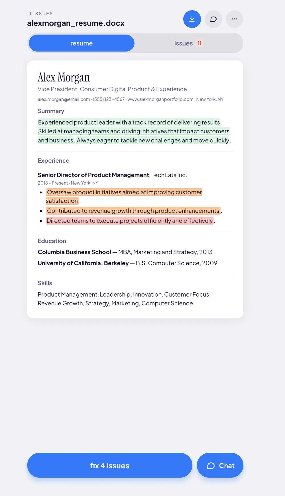 Resume Aura editor showing the Alex Morgan resume with the professional summary highlighted green and three experience bullets highlighted orange and red as flagged issues, with resume and issues 11 tabs and fix 4 issues and Chat buttons.