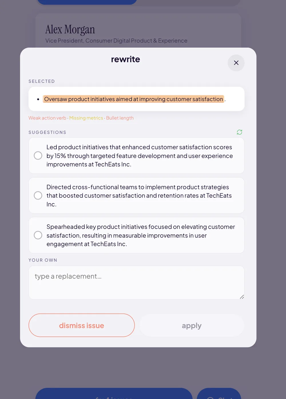 Resume Aura rewrite sheet for the bullet Oversaw product initiatives aimed at improving customer satisfaction, showing three AI-generated rewrite suggestions with stronger action verbs and quantified impact.