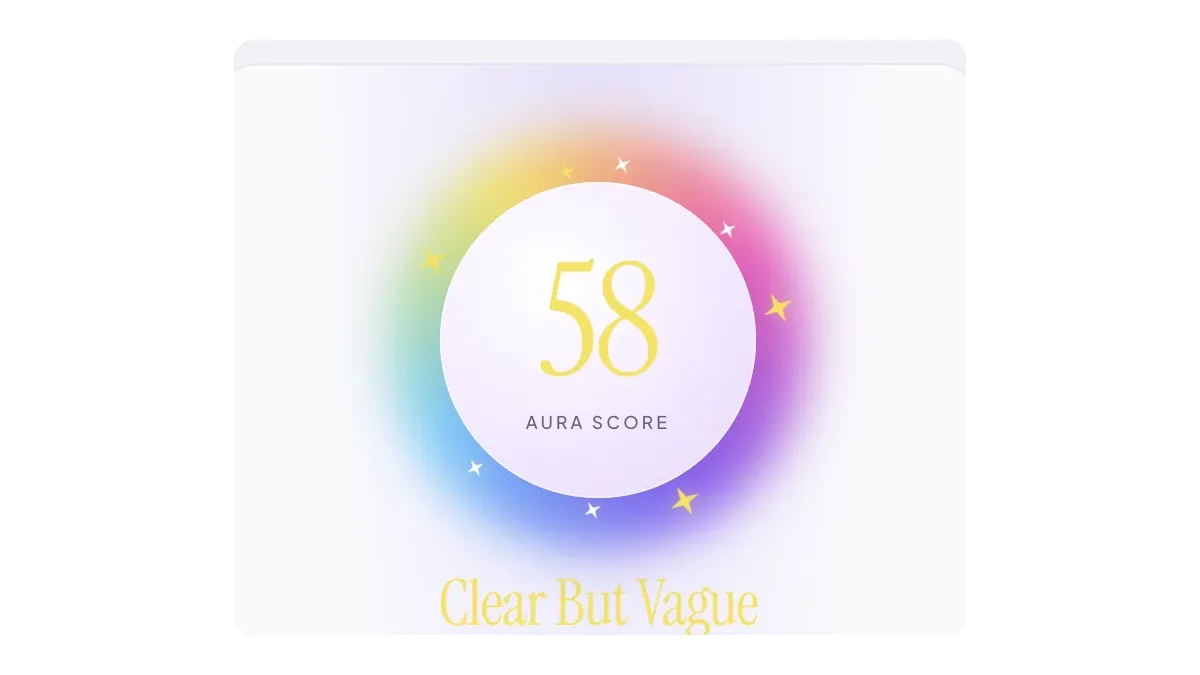 Resume Aura score screen showing a 58 aura score, the band Clear But Vague, a distribution curve and four breakdown bars.