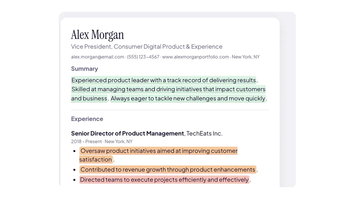 A resume in the editor with the summary highlighted green and three weak experience bullets highlighted orange and red.