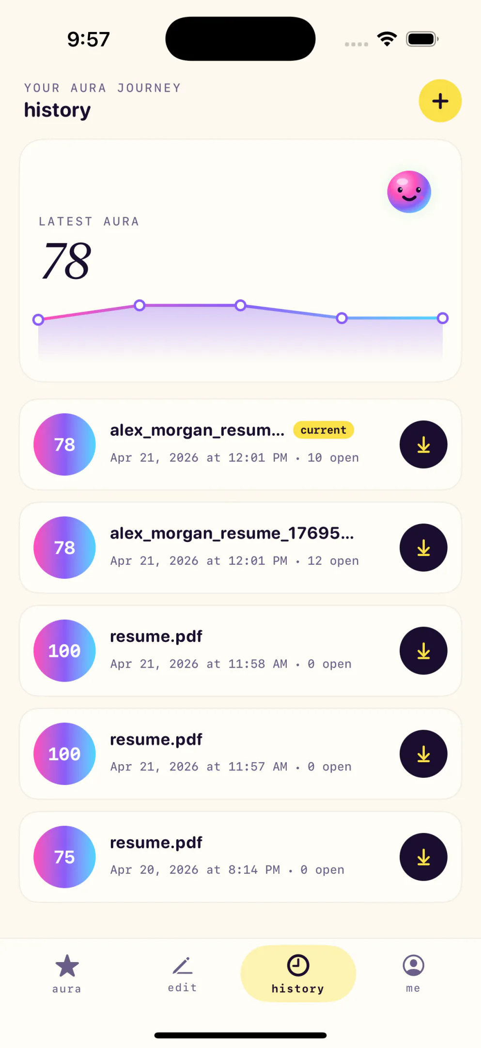 History screen tracking score changes.