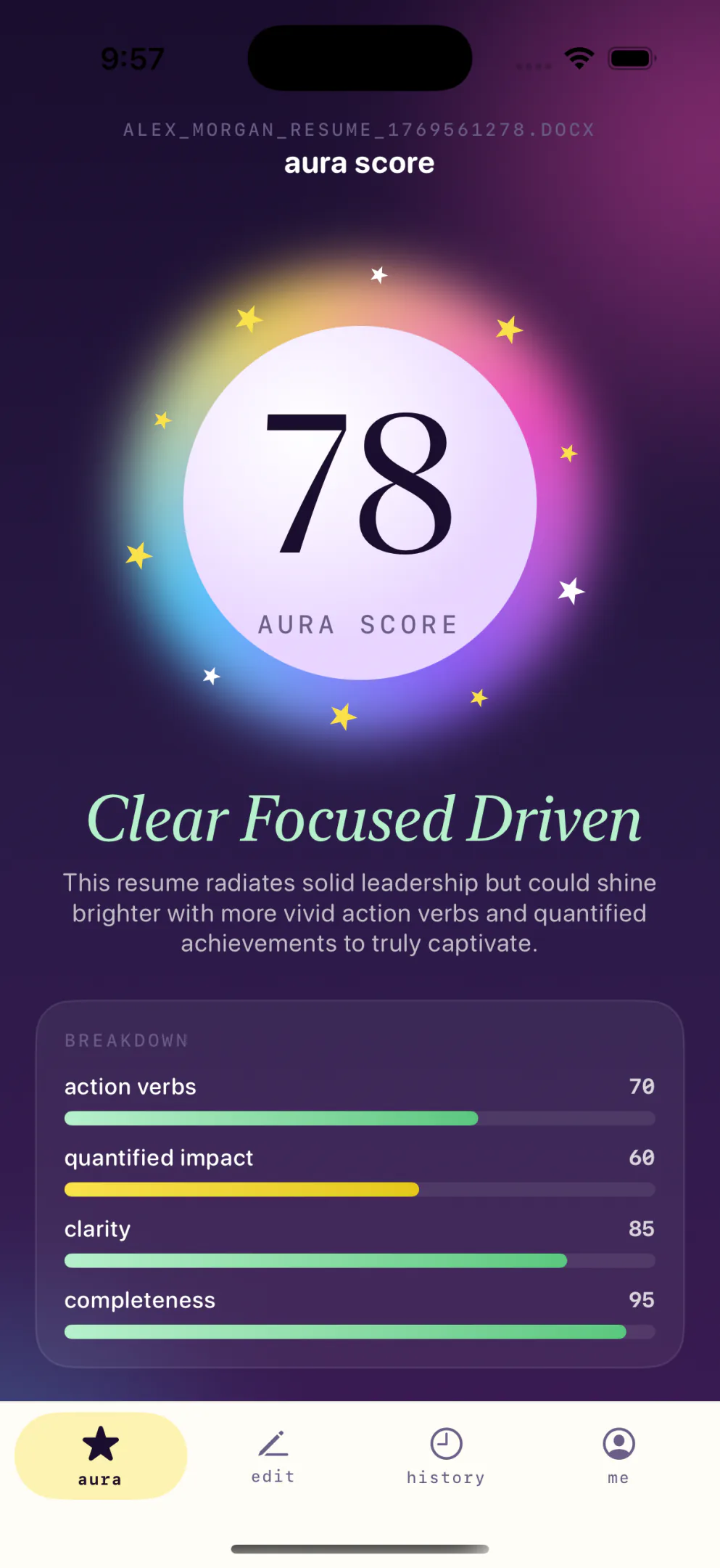 Aura score screen showing your overall result.