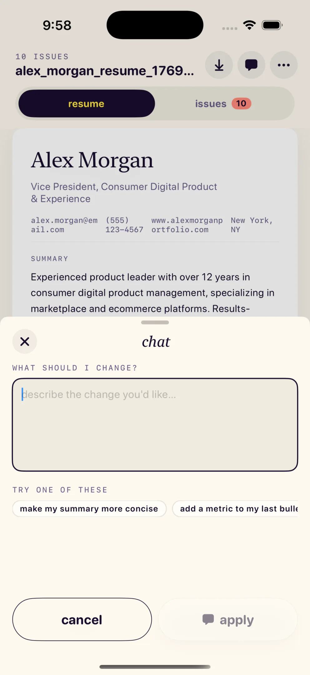Chat-style rewrite screen.