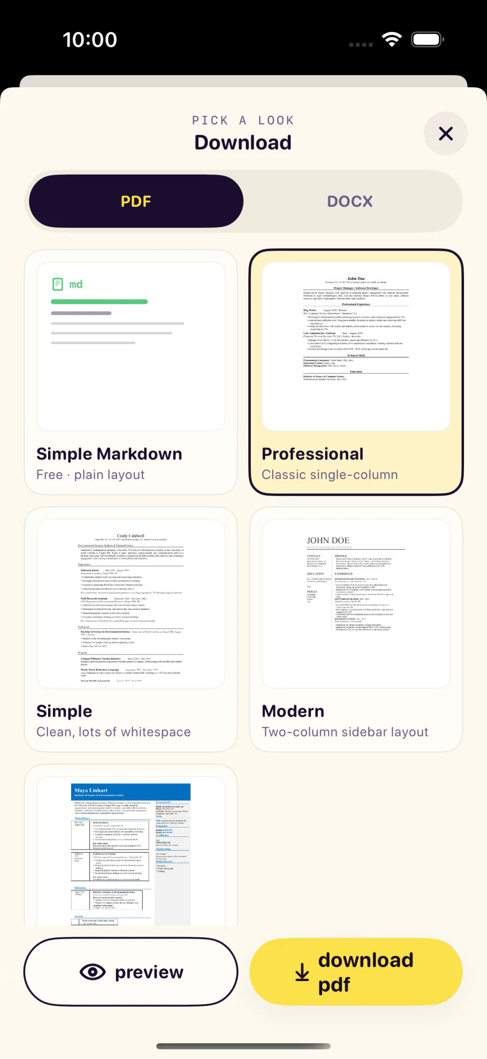 Export screen with template options.