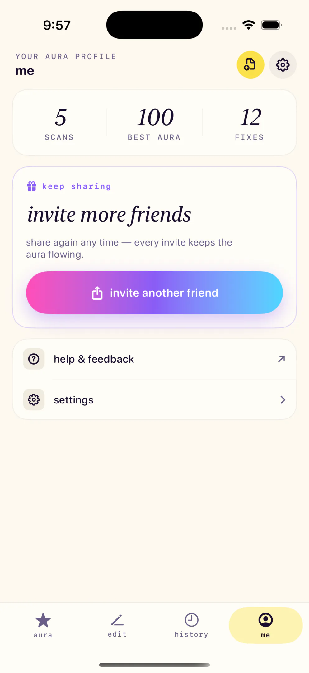 Profile screen with invite options.